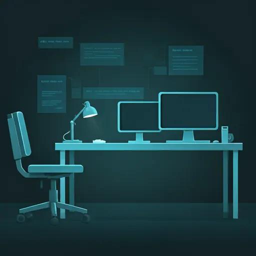 An office desk with a clock on a second monitor